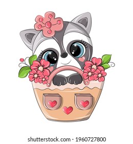 Cute illustration of a raccoon in a pink basket with flowers. This funny vector illustration is made for children audience. Cartoon raccoon isolated on white background.