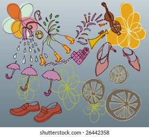 Cute illustration of rain, flowers, umbrellas, shoes, instruments and wheels.