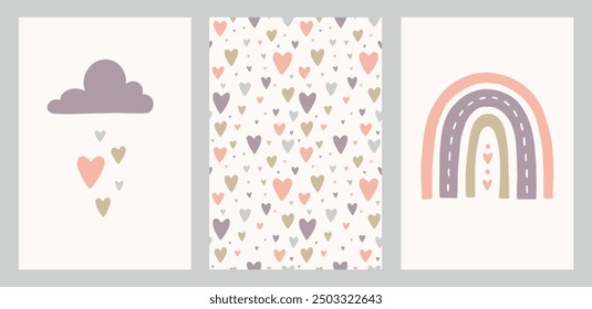 Linda ilustración con arco iris, nube y corazones en colores pastel. Decoración de la habitación de los niños del estilo escandinavo. Conjunto de Imágenes para postal, carteles, estampados y Fondos de pantalla. Vector, EPS 10