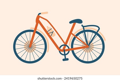 Cute illustration of red bicycle. Trendy minimal art. Cartoon clip art with transport, vehicle, bike for card, banner, sticker, icon. Cottagecore, village life concept. 