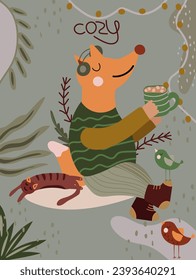 Cute illustration with red fox drinking hot tea and listening to music, lazy cat, bird. Perfect vector design for posters, greeting cards and various creative projects. Vector. 