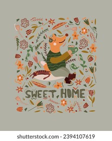 Cute illustration with red fox drinking hot tea and listening to music, lazy cat, bird and text sweet home. Perfect vector design for posters, greeting cards and various creative projects. Vector