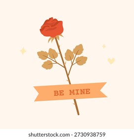 Linda ilustración de una rosa roja unida con cinta artesanal con la inscripción "ser mío" en colores pastel cálidos. Perfecto para tarjetas de felicitación, postales, álbumes de recortes, diarios y diarios.