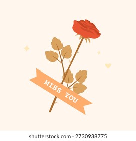Linda ilustración de una rosa roja unida con cinta artesanal con la inscripción "Te echo de menos" en colores pastel cálidos. Perfecto para tarjetas de felicitación, postales, álbumes de recortes, diarios, revistas.