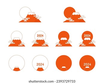 Cuta ilustración conjunto rojo del primer amanecer de 2024 y el Monte Fuji