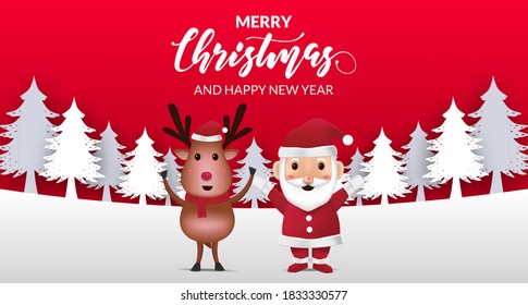 cute illustration reindeer and santa claus for merry christmas and happy new year for kids greeting card