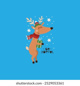 Cute illustration of a reindeer wearing a winter hat and scarf, holding a gift against a bright blue background. Surrounded by stars and snowflakes, the text "Be Joyful" adds a festive, cheerful messa