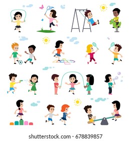 Cute illustration representing happy childhood. Set of icons representing group of boys and girls playing at the playground.