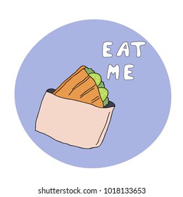Cute illustration of sandwich. Eat me – cute hand drawn lettering. 