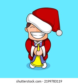 Cute illustration of santa claus character welcoming christmas and new year celebration. illustration of santa in kimono and santa costume holding celebration trumpet.