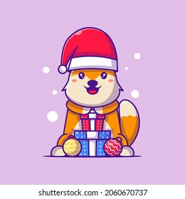 Cute Illustration of Santa Claus Fox with Christmas Gift merry christmas