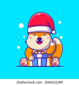 Cute Illustration of Santa Fox with gift box merry christmas