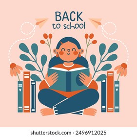 Cute illustration with school girl, who reads, books, plants, autumn flowers, paper plane. For school banner, card, badge, flyer. Back to School concept. Flat Design.