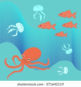 Cute illustration of sea and marine life: octopus, jellyfish, fish.
