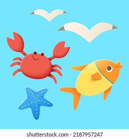 Cute illustration of seagulls, carb, fish and starfish isolated on blue background. Summer beach animals set.
