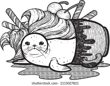 A cute illustration of a seal in a cup of sundae. A cute, melted, seal puddle. Complete with two scoops of soft serve ice cream, cherries and some wafer stick or rolls. A vectorize line art drawing.