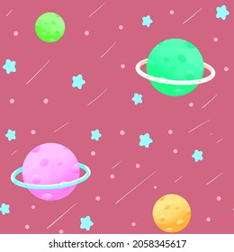 cute illustration seamless pattern red background outer space with star and plane . for fabric, wrapping, textile, wallpaper, apparel. Vector illustration