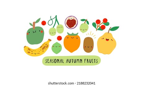 Cute illustration with Seasonal Autumn Fruits on a white background. Cartoon food characters - Banana, Grapes, Lime, Kiwi, Persimmon, Fig, Quince, Cranberries. Healthy fruits banner