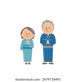 Linda ilustración de una pareja de ancianos usando un yukata japonés