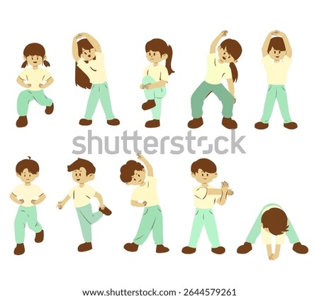 Cute illustration set of child students practicing various simple yoga poses. Perfect for kids health content, yoga class materials, and educational posters.