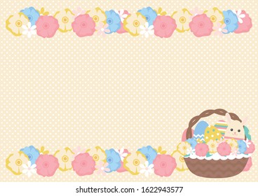 Cute illustration set of Easter eggs, flowers and Easter basket with rabbit