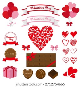 A cute illustration set featuring Valentine's Day and chocolate. Features hearts, chocolate, balloons, ribbons, and more. Vector illustrations on a white background.
