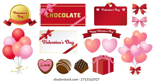 A cute illustration set featuring Valentine's Day and chocolate. Features hearts, chocolate, balloons, ribbons, and more.  Vector illustrations on a white background.