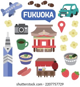Cute illustration set of Fukuoka prefecture in Japan