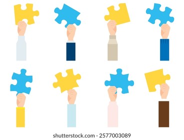 Cute illustration set of hands holding puzzles.