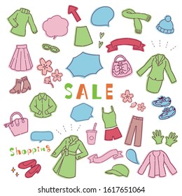 Cute illustration set of handwritten style female clothes and bags