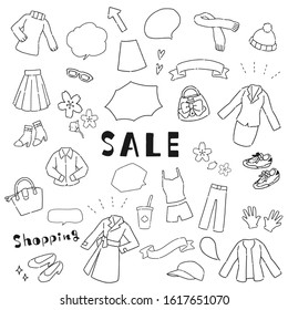 Cute illustration set of handwritten style female clothes and bags