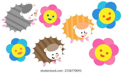 A cute illustration set of hedgehogs lined up with flowers.