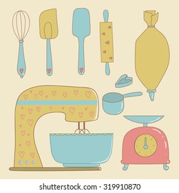 Cute illustration of a set of kitchen utensils and tools. Elements for design