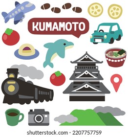 Cute illustration set of Kumamoto prefecture in Japan