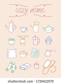 Cute illustration set with objects for home interior: books, plants, teapots, mugs and socks. Flat style hand drawn elements. Vector.
