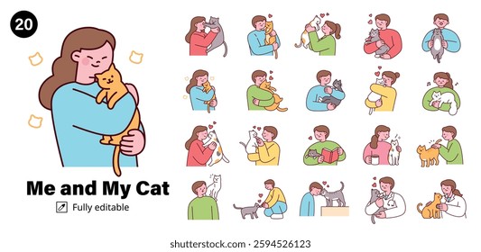 Cute illustration set of people bonding with their cats, showing love, affection, and companionship in various daily life moments.