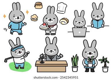 Um bonito conjunto de ilustração de coelhos em várias profissões.