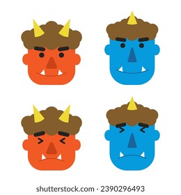 Cute illustration set of red demon and blue demon on Setsubun day, Japanese traditional event