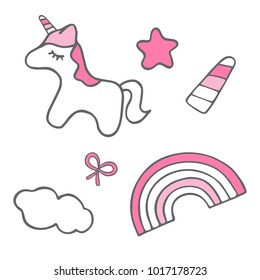 Cute illustration set of unicorn, rainbow, star, cloud, ribbon and unicorn horn.