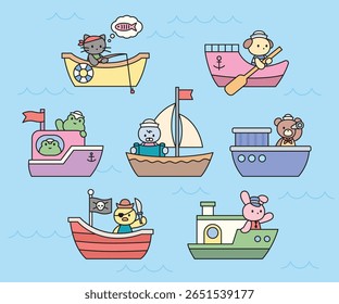  A cute illustration set of various animal characters in different boats on the sea, like a cat, dog, bear, and bunny. Ideal for children's, summer, and nautical designs.