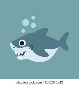 Cute illustration of a shark under water. Blue-gray fish with white teeth and bladders. Vector drawing. Cartoon print for children's design, logo, sticker, poster, postcard with a sea predator.