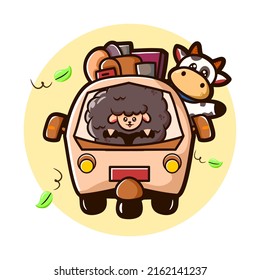 cute illustration of sheep and cow riding a 3 wheel car carrying a cover celebrating eid al adha