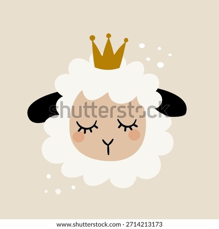 Cute illustration of a sheep's face wearing a crown, beige background. Flat vector illustration. 