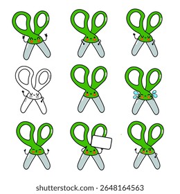 A cute illustration showcasing various emotions of anthropomorphic green scissors on a white background.