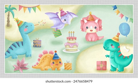 Cute illustration of a simple little dinosaur party