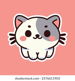 Cute illustration of a sitting cat with a multicolored face, featuring gray and orange patches, big eyes, and a soft pink background. Perfect for pet-themed designs.