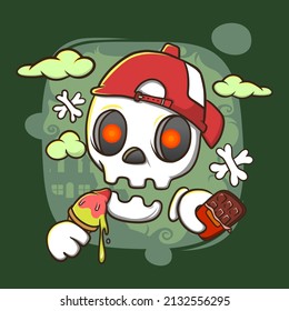 cute illustration of a skull eating ice cream and chocolate, suitable for stickers and t-shirts