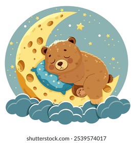 Uma ilustração fofa de um urso dormindo abraçando um travesseiro azul enquanto descansa em uma lua crescente. Cercado por estrelas e nuvens, o urso parece tranquilo, criando uma cena noturna quente e sonhadora.