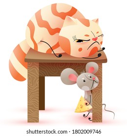 Cute illustration of sleeping cat on backless stool and mouse with piece of cheese on a white background. Vector eps10 format.