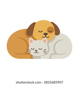 A cute illustration of a sleeping dog and cat cuddled together peacefully, rendered in a warm pastel flat vector style. Perfect for pet care branding, veterinary clinic graphics, and pet friendship concepts.